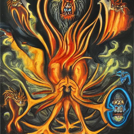 Prompt: medieval bestiary of repressed emotion monsters and creatures starting a fiery revolution in the psyche, surreal oil on canvas