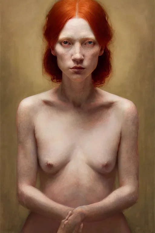 Prompt: of beautiful redhead female, beauty portrait by greg rutkowski, hilma af klint, moebius, victo ngai, sharp focus, global illumination, highly detailed, masterpiece, award winning, post processing