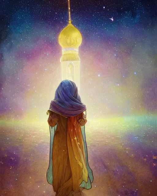 Image similar to bedouin child praying in galaxy walking towards mosque surrounded by nebula, highly detailed, gold filigree, romantic storybook fantasy, soft cinematic lighting, award, disney concept art watercolor illustration by mandy jurgens and alphonse mucha and alena aenami, pastel color palette, featured on artstation