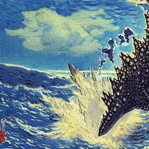 Image similar to a post-Impressionist illustration of Godzilla rising from the sea by Henri Rivière