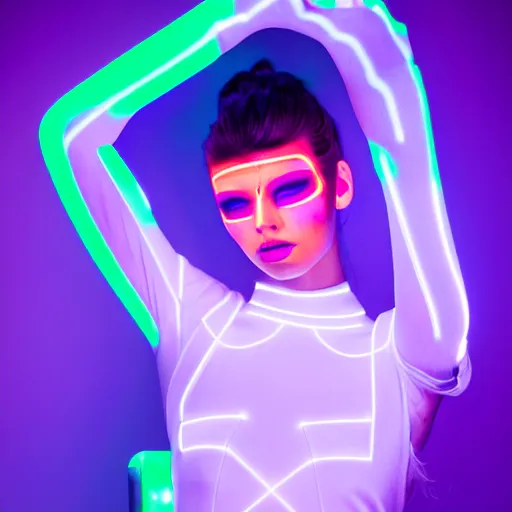 Image similar to high fashion photography of a model in neo futurism white sci - fi neon light led makup, transparent cloth, beautifully lit