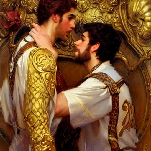 Image similar to attractive fully clothed king confesses his love for his attractive fully clothed male prince. highly detailed painting by gaston bussiere, mark brooks, j. c. leyendecker