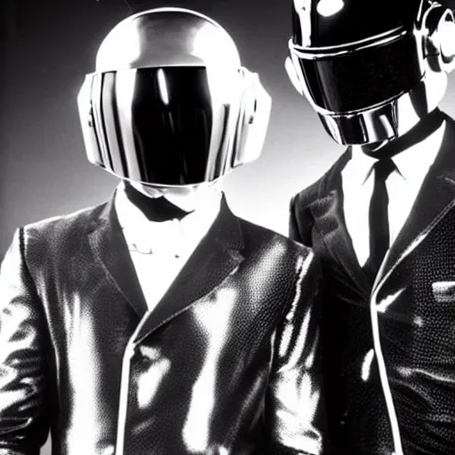 Prompt: bert & earnie dressed as daft punk 1999. black and white photography.