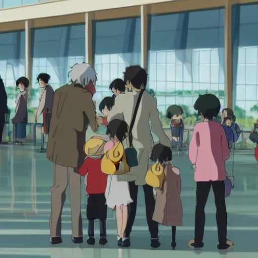 Image similar to A family saying goodbye to their children at a busy airport, by Dice Tsutsumi, Makoto Shinkai, Studio Ghibli