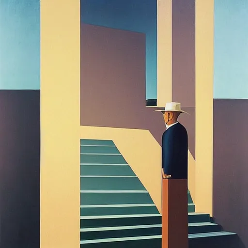 Image similar to “ painting by magritte and jeffrey smart and de chirico, featuring stairs, and man in hat ”