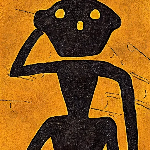 Image similar to neolithic cave painting of ( ( one eyed ) ) humanoid creature called patapon, 4 k, psp, japan studio game, art by rolito, high quality