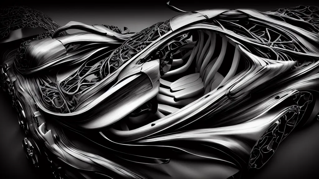 Prompt: biomechanical ribbed spinal dark supercar car, car concept art, baroque painting, beautiful detailed intricate insanely detailed octane render, 8K artistic photography, photorealistic, chiaroscuro, Raphael, Caravaggio, lit by neon lights, BW