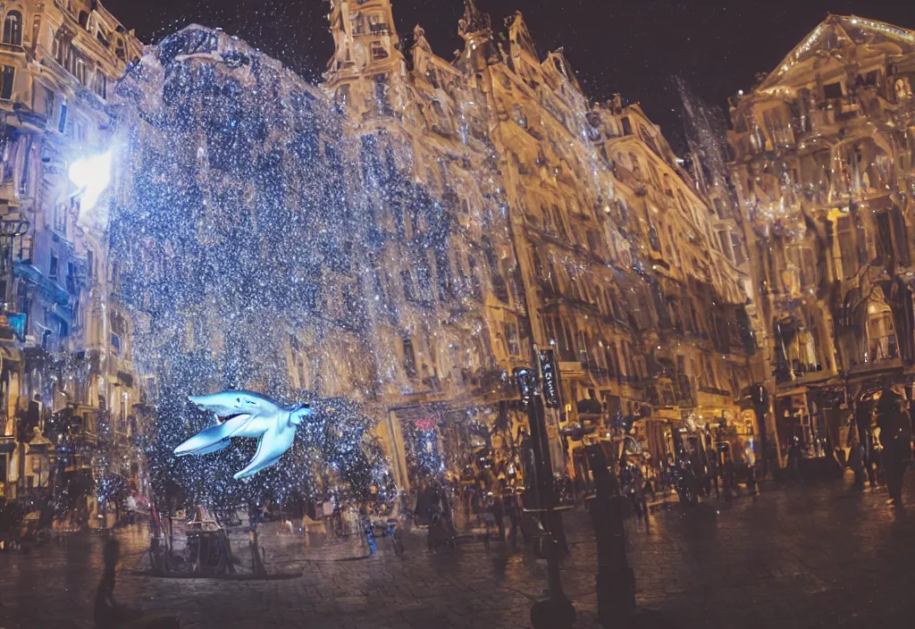 Prompt: 3 d 🦈 popping out of curved screen, town square, volumetric lighting, bokeh, creterion collection, shot on 7 0 mm, instax