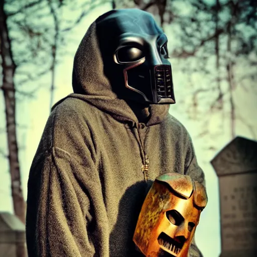 Image similar to MF DOOM standing in a graveyard with a dug up coffin, highly detailed mask, portrait photography, 8k