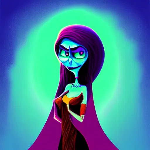 Image similar to curled perspective digital art of a dark hair woman wearing arafat arab scarf by anton fadeev from nightmare before christmas