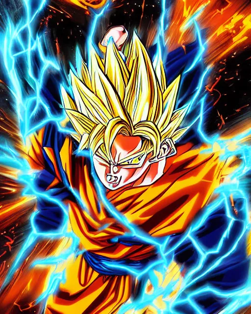Prompt: detailed intense colorful illustration scene of brute super goku powering up turning into a super saiyan by dominic glover