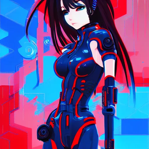 Image similar to seductive female cyborg, in the rain, highly detailed, painting, dark red, azure blue and black color palette, intricate, high quality anime artstyle, in the style of sana takeda