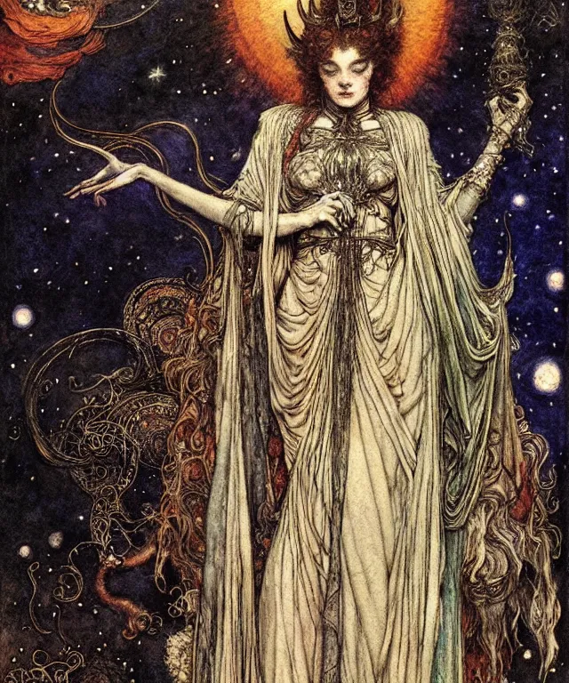 Image similar to A detailed horned many-multiplefaced-goddess stands among the cosmos. Wearing a ripped mantle-robe in cosmic texture. Blurred smudged faces, extremely high details, realistic, fantasy art, solo, masterpiece, colorful art by Arthur Rackham, Eugene de Blaas