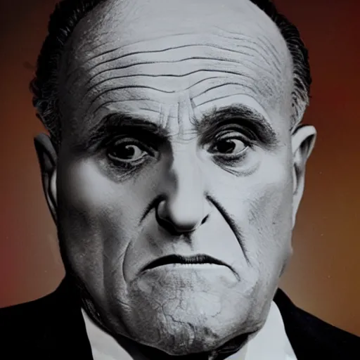 Prompt: closeup hyper detailed portait film color photograph of rudy giuliani looking very upset and frightened covered in white powder holding an envelope