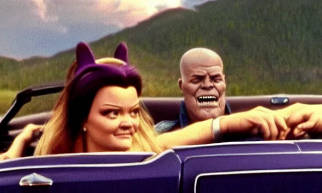 Prompt: thanos and louise belcher in real life driving a convertible off a cliff, grainy 1 9 9 1 vhs tape, dramatic movie scene, extremely realistic