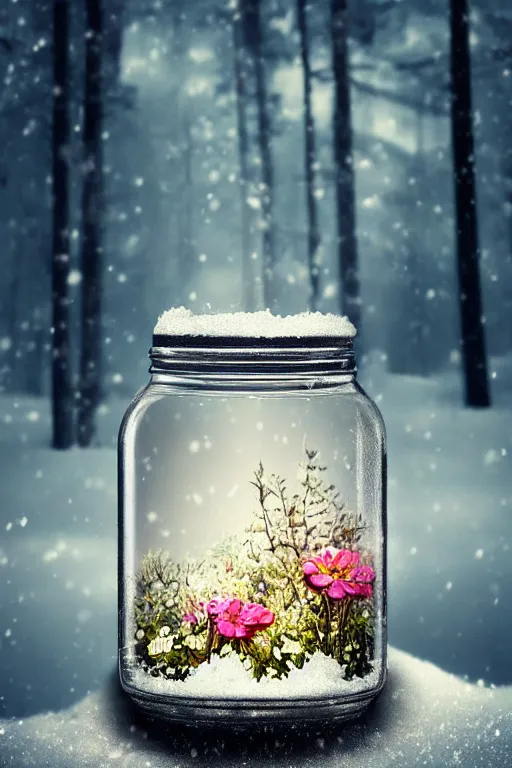 Prompt: a glass jar with a metal lid and beautiful flowers growing in earth inside, standing in snow in a dark forest. bokeh, metal lid, intricate detail, highly detailed, hyperrealistic, dark lighting, moonlight, glowing jar, magic, cgsociety, sense of awe, mystical, 8 k, beautiful digital art