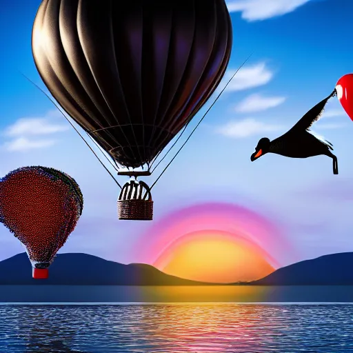 Image similar to realistic extremely detailed photo style painting of a hot air balloon with a picture of two black swans swimming, touching heads, forming a heart with their necks, granular detail, holographic krypton ion, octane render, 4k, f32,55mm photography, wide angle