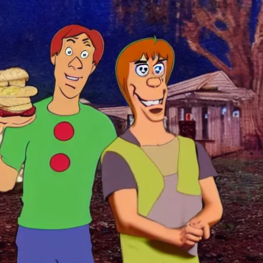 Image similar to realistic photo of scooby doo and shaggy with 2 foot high sandwiches