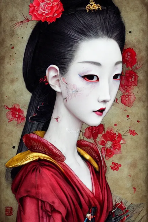 Prompt: watercolor painting of a beautiful japanese bjd geisha vampire queen with a long neck in a victorian lolita fashion red dress in the style of dark - fantasy painted by yoshitaka amano, tom bagshaw, ayami kojima, symmetrical face portrait, intricate detail, artstation, artgerm, gold, black, rococo!