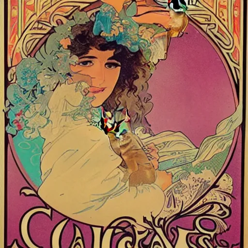 Image similar to a vintage poster with border of a Caucasian fortune teller lady with curly hair, a spread of tarot cards on a table, cats on her side, in a colorful tent, Alphonse Mucha poster ,