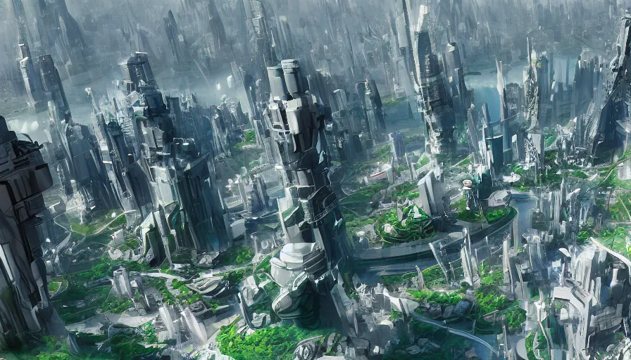 Image similar to Futuristic city with a big green lake and a huge statue in the center and bright white buildings all around, hyperdetailed, artstation, cgsociety, 8k