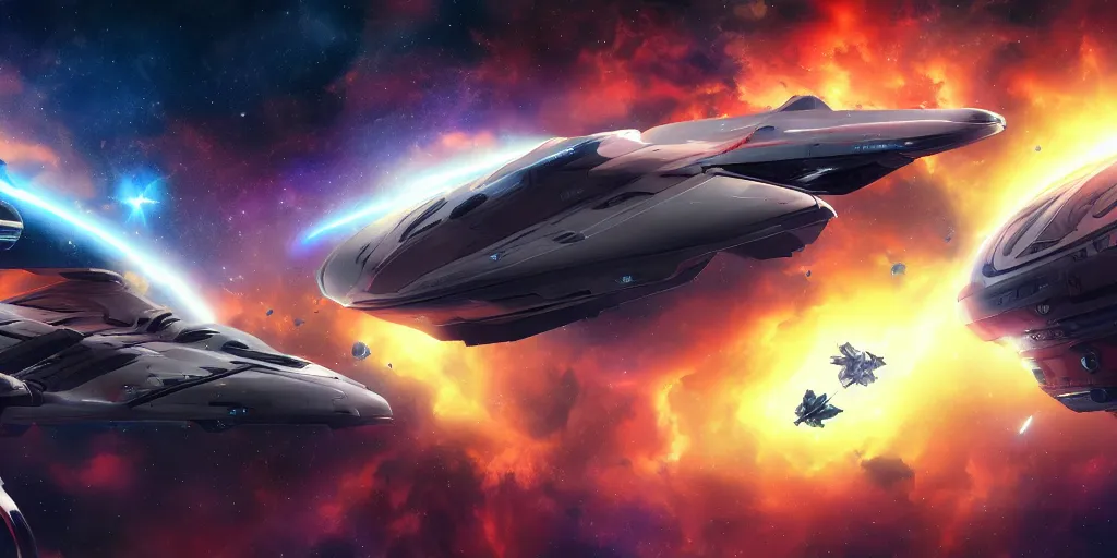 Image similar to spaceship battle panorama in space galaxies and nebula in background, artstation, deviantart, cgsociety
