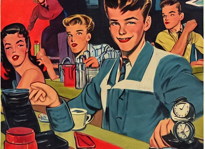 Image similar to 1 9 5 0 s rebel teen male at the local diner, art by guy peellaert and manuel sanjulian and paul cadmus