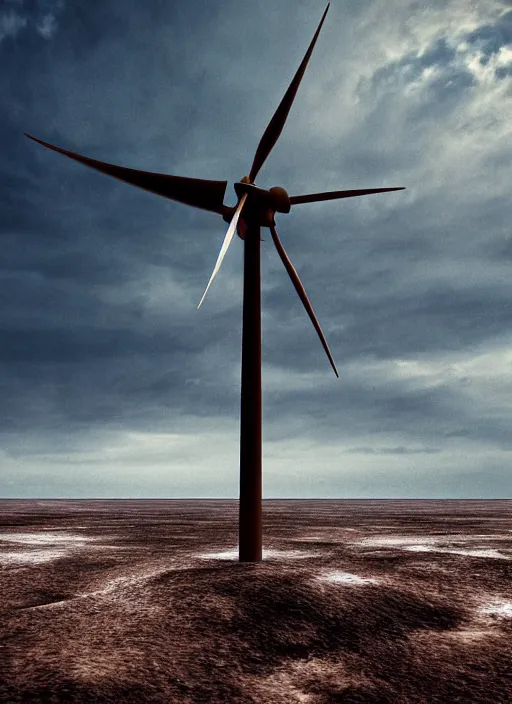 Image similar to cinematic artwork close up of a broken and rusted wind turbine standing alone in a dried up ocean, digital art