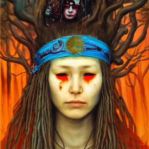 Image similar to A young blindfolded shaman woman with a decorated headband from which blood flows, blue hair and wood on her head. The background is a forest on fire, made by Esao Andrews and Karol Bak and Zdzislaw Beksinski