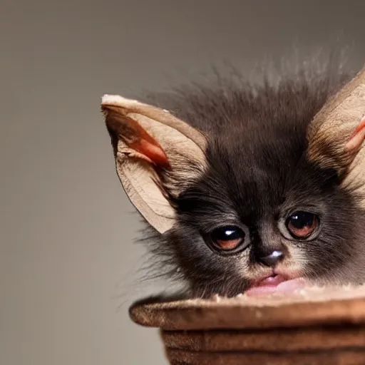 Image similar to a bat kitten wears a hut, photo taken by a nikon, 4k, very detailed, high quality