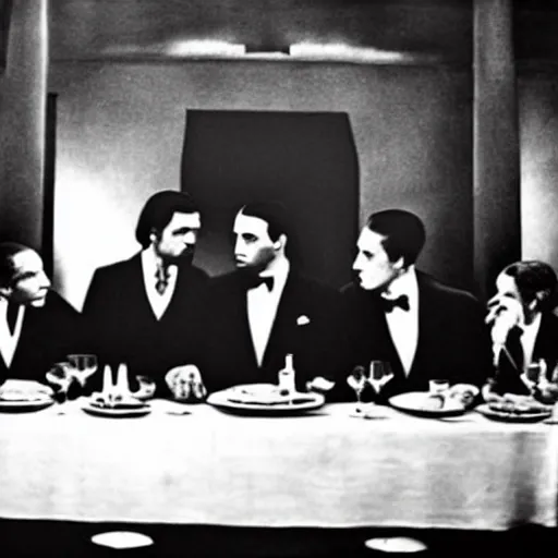 Prompt: the last supper in the godfather movie, Jesus wearing suit, intense scene