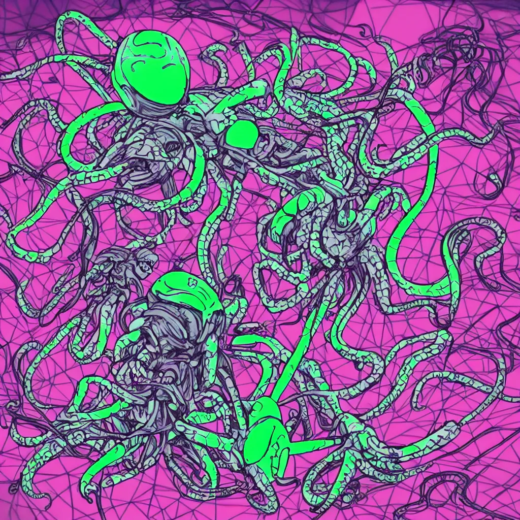 Prompt: insect and octopus like Alien modeling futuristic streetwear with QR patterns and neon synthwave shoes