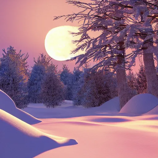 Image similar to a winter scene with the moon rising above the horizon, octane render by lisa frank