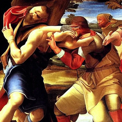 Prompt: renaissance painting of the legendary hero aaron carter defeating shaq in combat