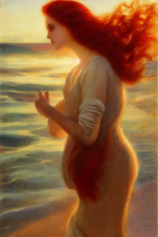 Image similar to a red haired young girl beach surreal, sunrise, dramatic light, vittorio matteo corcos