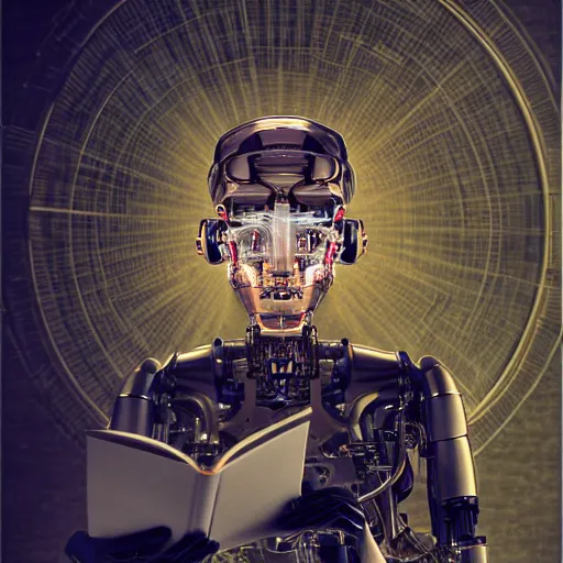 Image similar to a beautiful intricate fine art portrait photo of a happy mechanical futuristic cybernetic humanoid reading a letter of admission held in hands, by anna dittman and zach sutton, eyes light up, happiness!, perfection!, studio lighting, golden ratio composition, 50mm lens, bionic, cybernetic scifi, deep depth of field, artstation, 8K