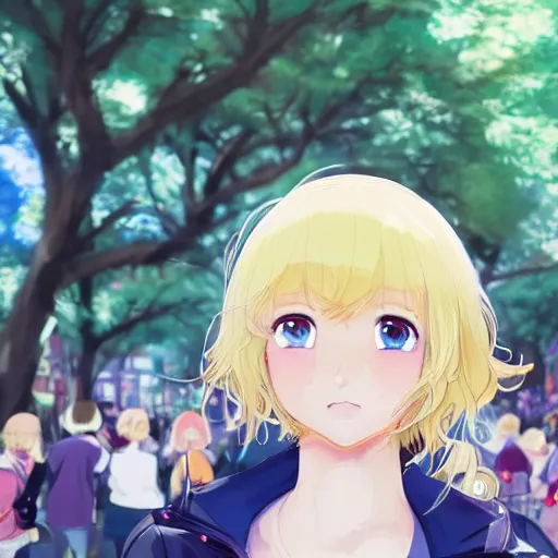 Image similar to blonde - haired princess, anime princess, wearing black jacket and white leggings, looking through crowd, town street, festival street, trees, green trees, blue lighting, blue sunshine, strong lighting, strong shadows, vivid hues, ultra - realistic, sharp details, subsurface scattering, intricate details, hd anime, 2 0 1 9 anime