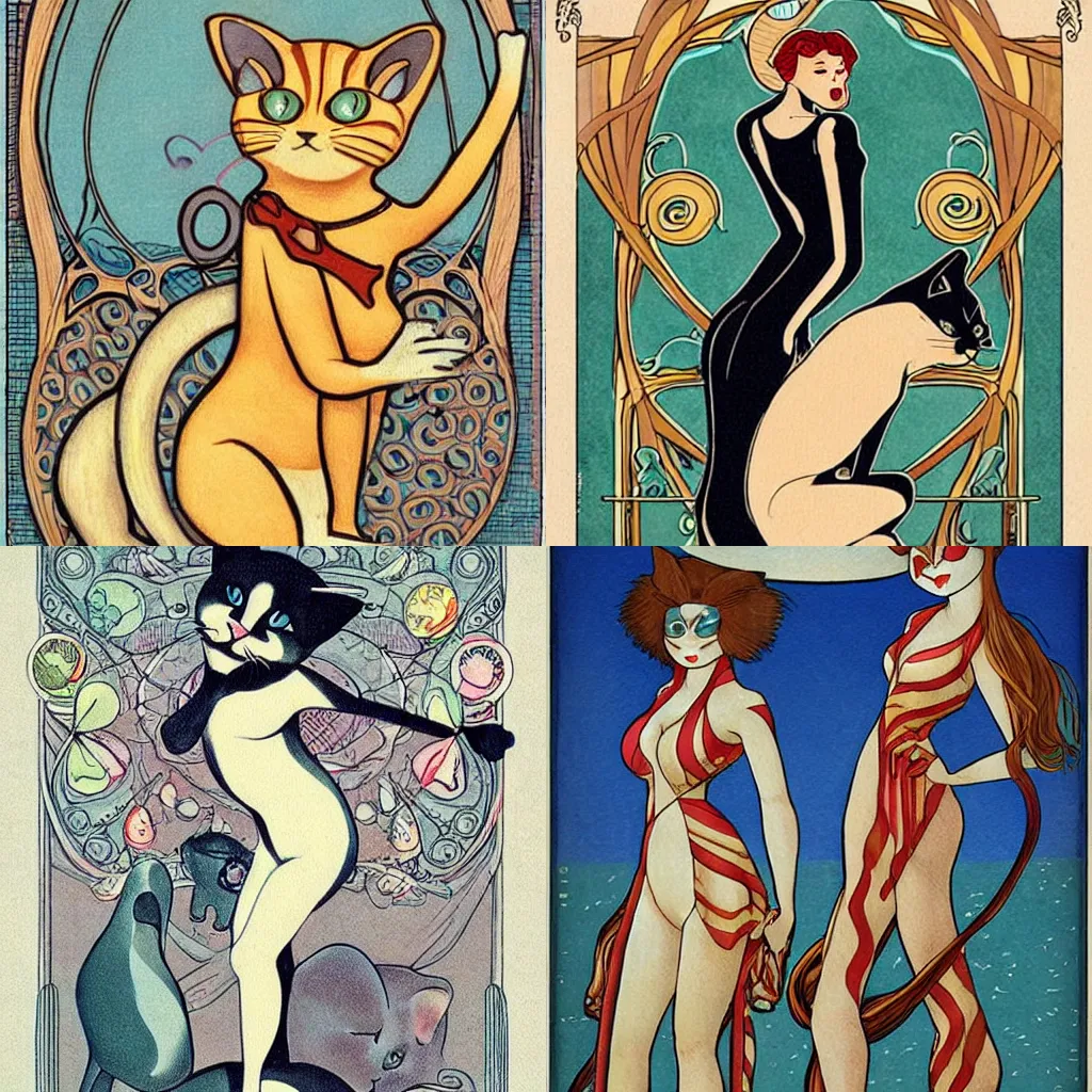 Prompt: anthropomorphized cats wearing biquinis, having fun at the beach, art nouveau