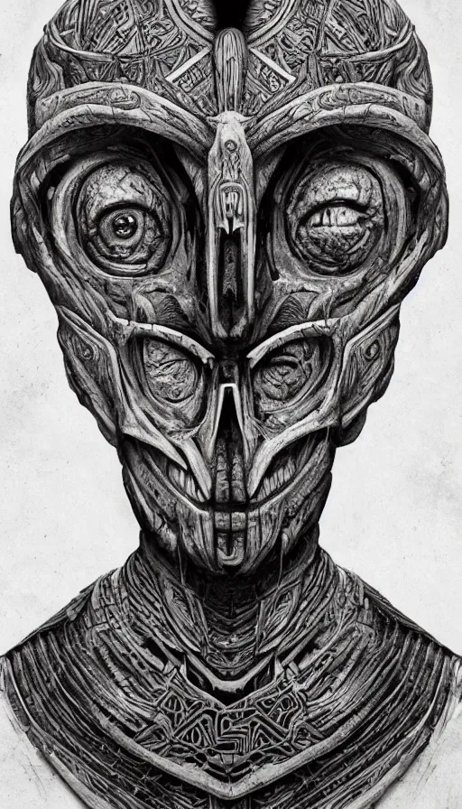 Image similar to ancient interstellar hybrid aztec fantasy beautiful alien symmetrical human face skull mask tattoo pattern concept, teonanacatl glyph, intricate artwork by, Johnatan Wayshak, Zdizslaw Beksinski, face by Artgerm, H.R. Giger, very coherent artwork, cinematic, hyper realism, high detail, octane render, unreal engine, 8k, High contrast, higly detailed black ink outline, crosshatch sketch gradient