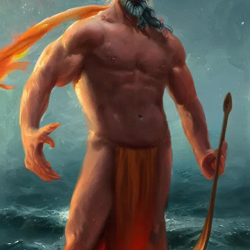 Prompt: Poseidon very annoyed at other people in the supermarket, complaining with wild gestures, bokeh, digital art, oil painting, trending on artstation