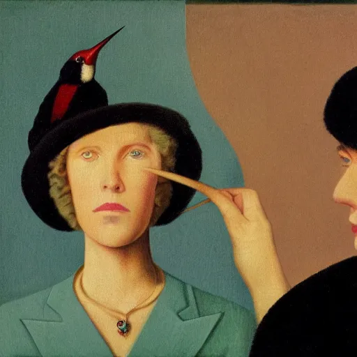 Image similar to Self-Portrait with Thorn Necklace and Hummingbird in style of Rene Magritte