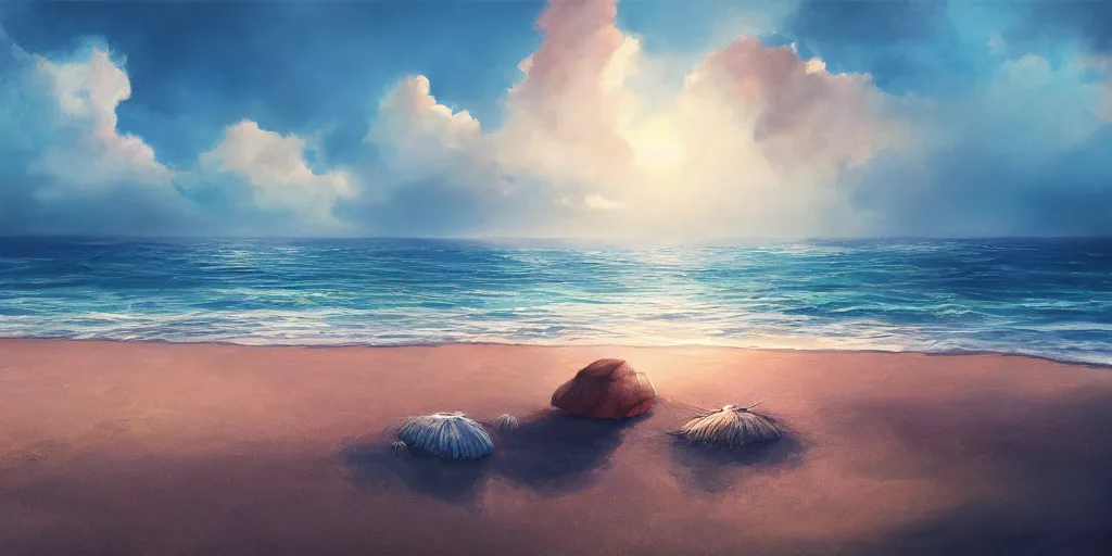 Image similar to a beach, cinematic angle, studio Ghibli, volumetric lighting, breathtaking, beautiful composition, elegant, digital art, detailed, oil painting, hyperrealistic, sharp focus, 8k