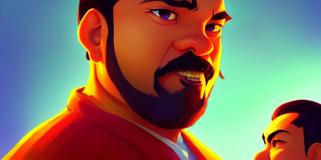 Image similar to low angle portrait of Mahinda Rajapaksha, tepainting concept Blizzard pixar maya engine on stylized background splash comics global illumination lighting artstation lois van baarle, ilya kuvshinov, rossdraws