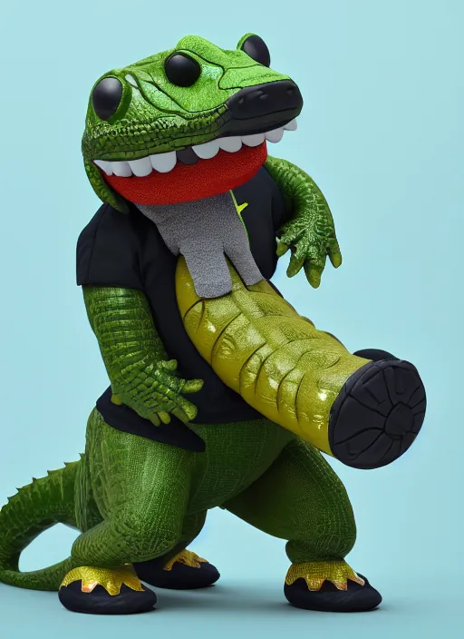 Image similar to a cute plush alligator, fluffy, cartoony, wearing nike sneakers, holding a bazooka, black backround, hyper detailed, octane render 🤣