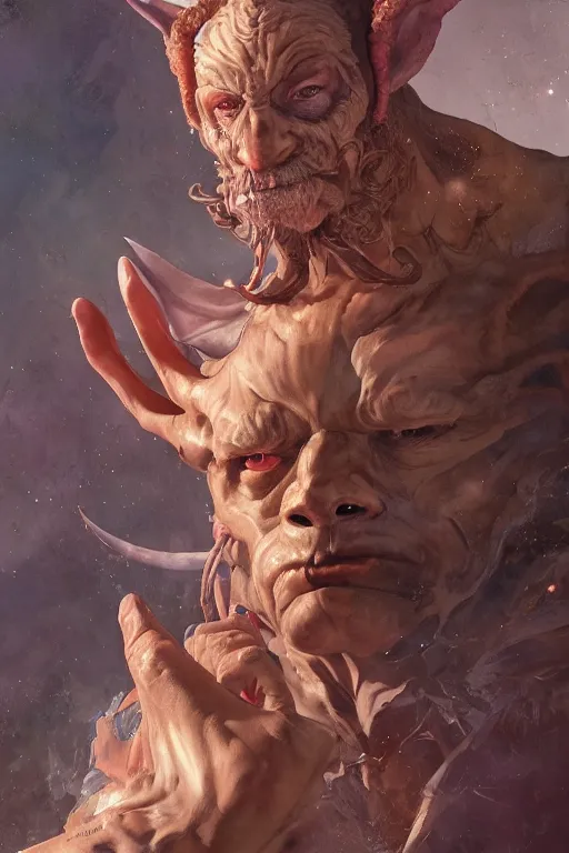 Image similar to portrait of the endgroup satyr wizard wearing lighthunt (carapace) by artgerm and Craig Mullins, James Jean, Andrey Ryabovichev, Mark Simonetti and Peter Morbacher 16k