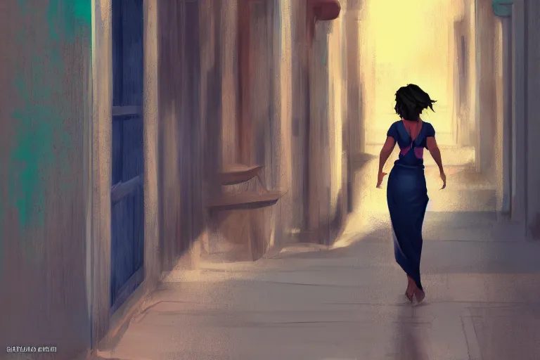 Image similar to concept art, cuban woman in havana, from behind, digital anime art, good lighting,