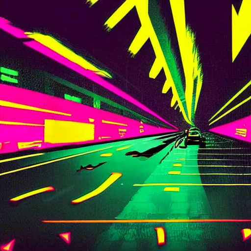 Image similar to car driving down a road towards a city. Neon punk. Vaporwave. 80s.