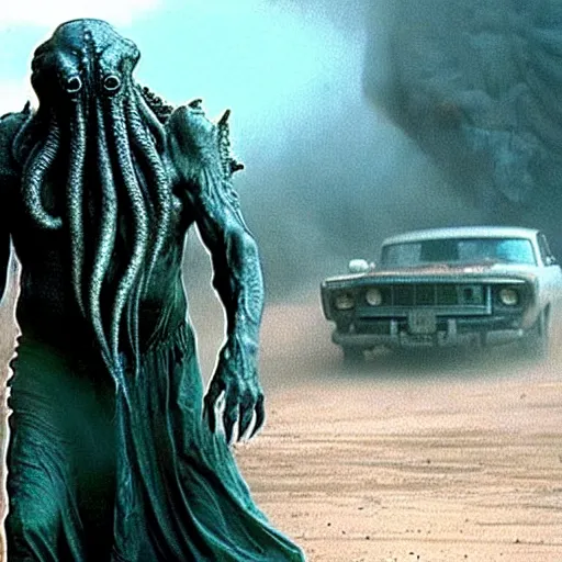 Image similar to cthulhu starring in the movie mad max, impressive scene. grainy and rough. soft colour scheme. cinematic