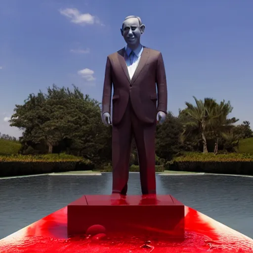 Image similar to a giant benjamin netanyahu sculpture made out of juicy red jelly on water surface, long shot, hyper detailed, hyper realistic, ray tracing, 8 k resolution, sharp focus, realistic water, award winning