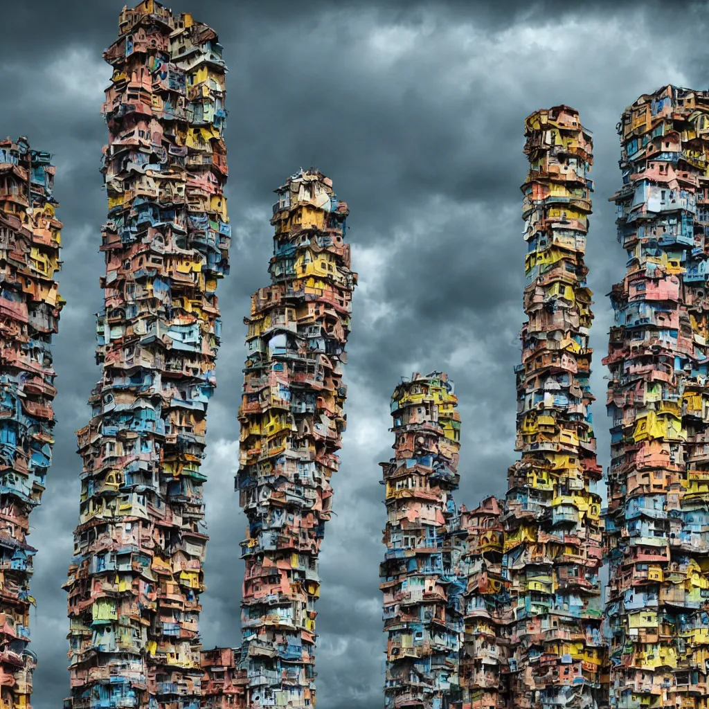 Prompt: close - up towers made up of colourful squatter housing, bleached colours, dramatic cloudy sky, dystopia, mamiya, very detailed, ultra sharp, photographed by john chiara
